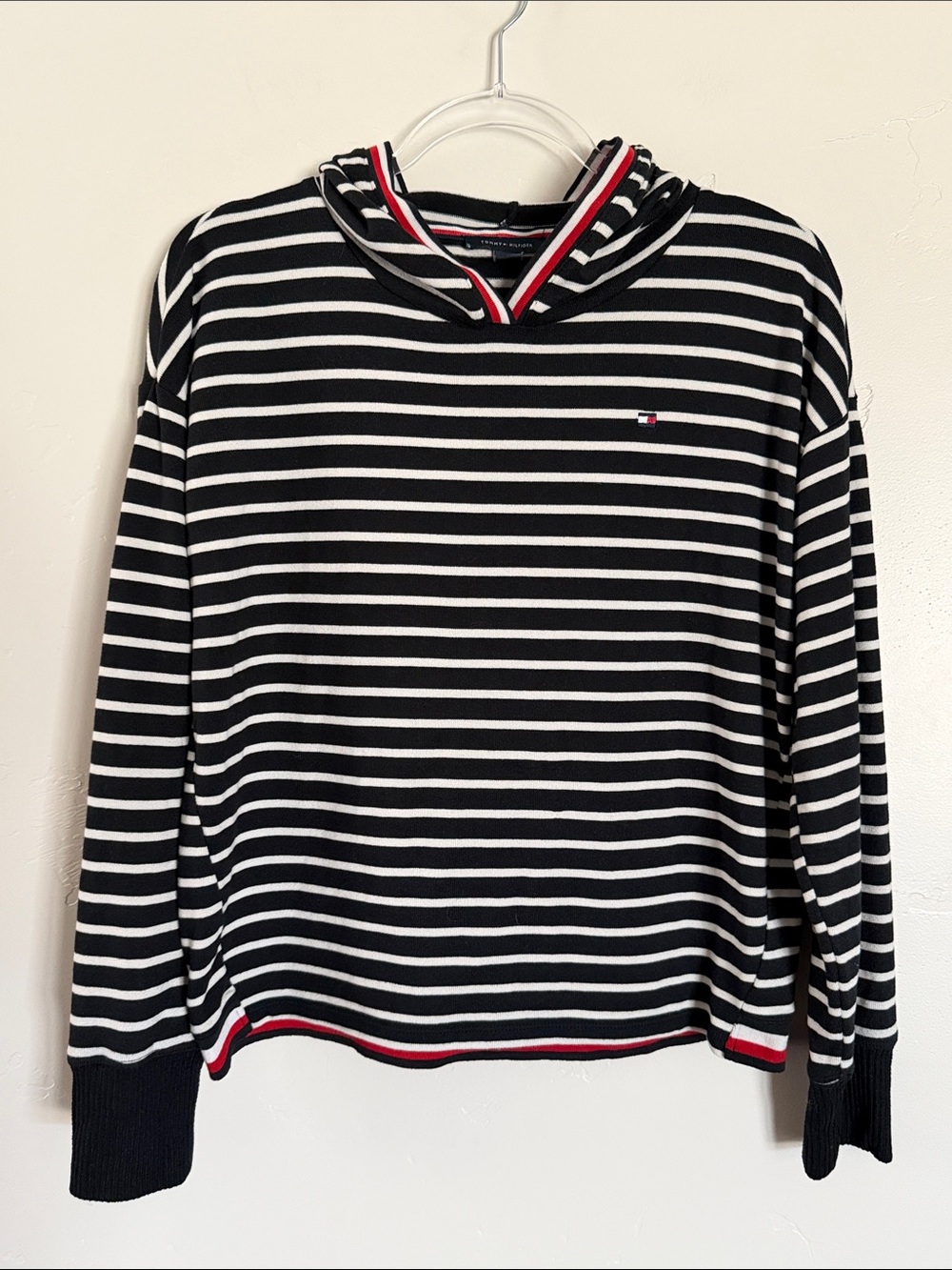 Tommy Hilfiger Boxy Blue & White Striped Hooded Pullover with Red Trim